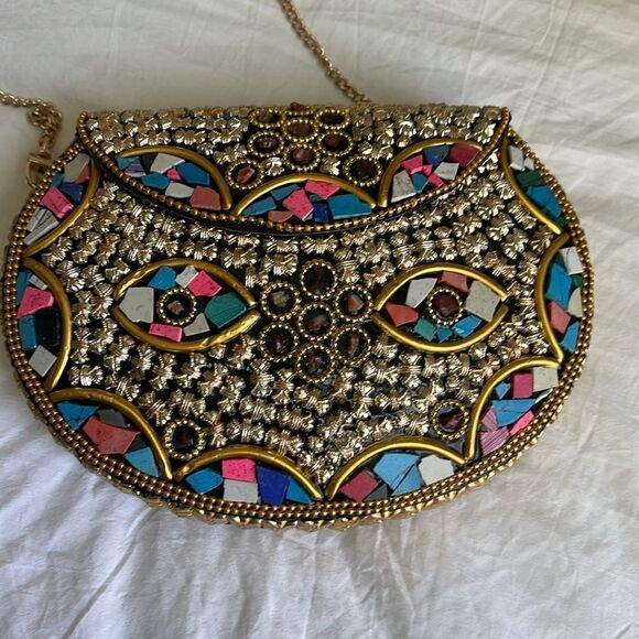 RAMLA Rio mosaic handcrafted gold multicolor shoulder bag clutch new‎ - Picture 4 of 5
